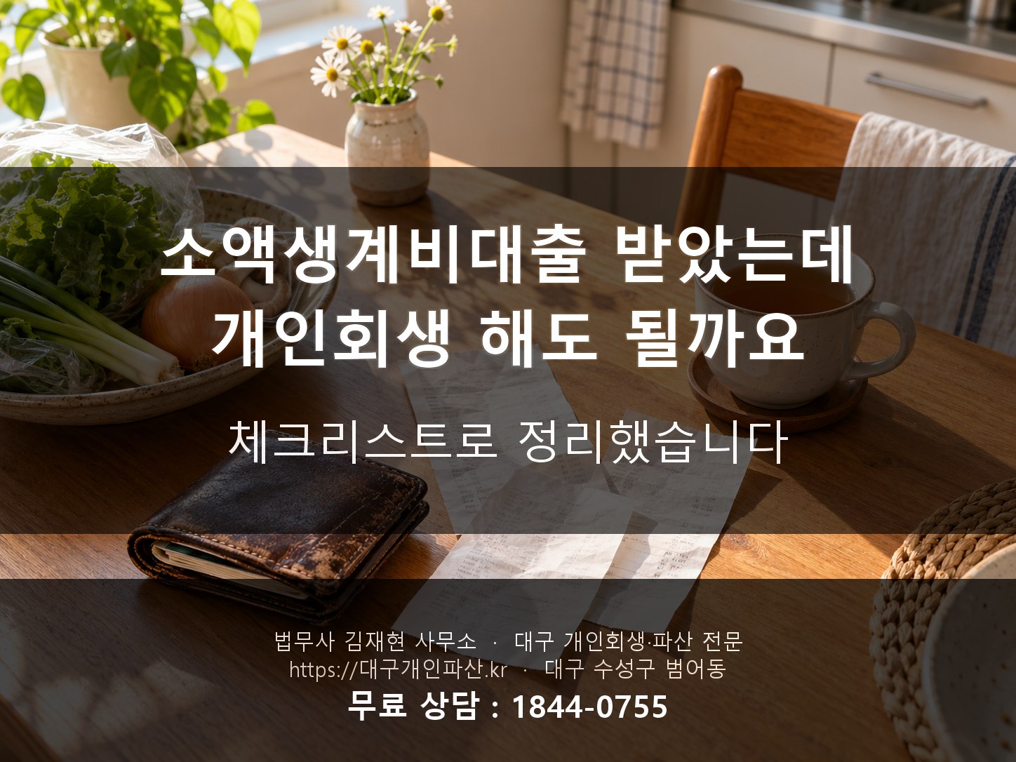 생활비 영수증과 메모지가 놓인 책상, 긴급 자금을 상징하는 구도