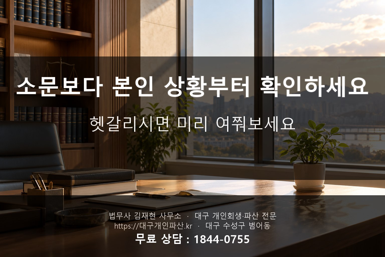 오후 햇살이 비치는 조용한 사무실 창가, 정리된 책상과 작은 화분