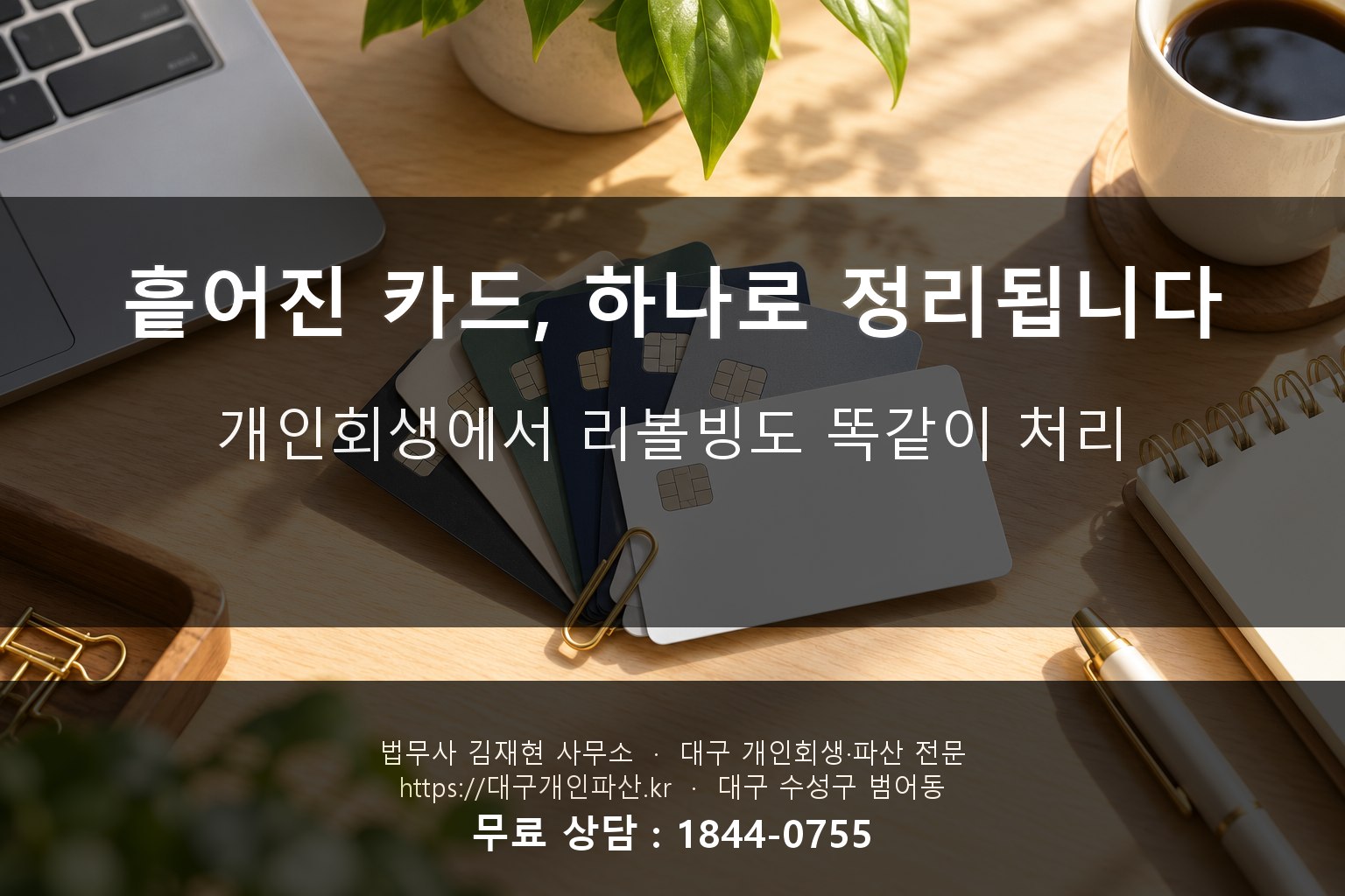 여러 장의 카드가 하나의 서류로 정리되는 모습을 상징하는 책상